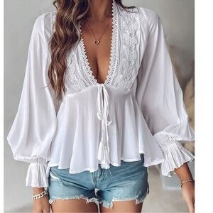 Bohemian White Butterfly Lace V Neck Long Sleeve Top XS S M L XL